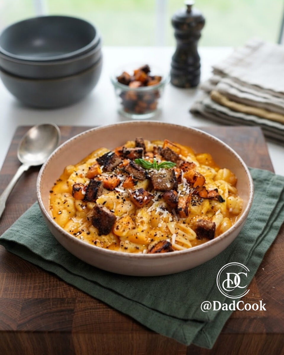 Piatto di gnocchetti sardi conditi con crema di zucca, dadolata arrostita e crostini di segale con logo DadCook