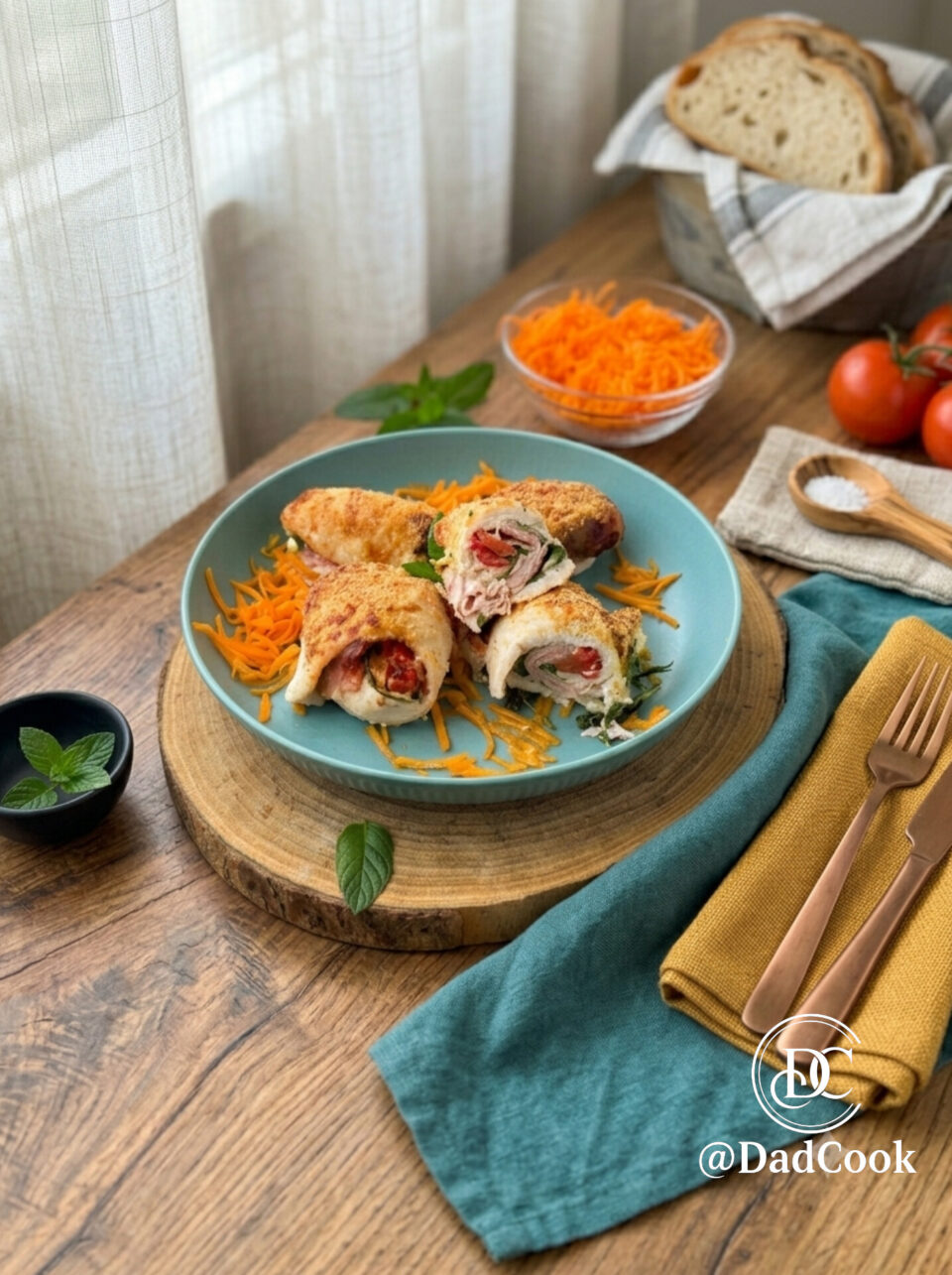 Un'immagine verticale e rustica che mostra un piatto blu acqua con involtini di pollo arrosto farciti, serviti su un letto di carote grattugiate e un tagliere di legno. Sullo sfondo, ci sono carote, pomodori e pane rustico, con posate di bronzo su un tovagliolo ocra in primo piano.