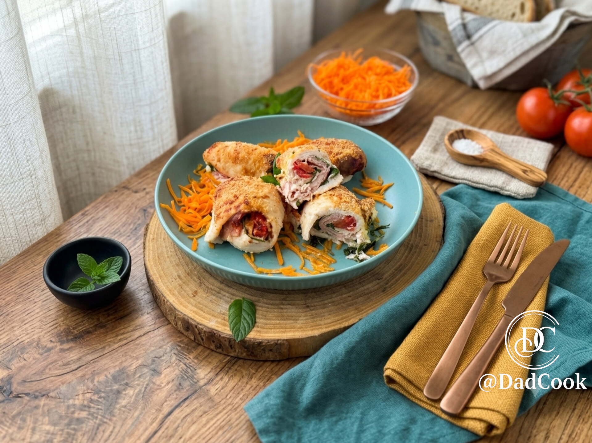 Un'immagine orizzontale e invitante di un tavolo di legno con una ciotola blu acqua piena di involtini di pollo arrosto e farciti, serviti su un letto di carote grattugiate e un tagliere di legno rotondo. Ci sono ciotole di menta fresca, carote grattugiate e pomodori freschi sullo sfondo, con posate di bronzo su un tovagliolo ocra in primo piano.