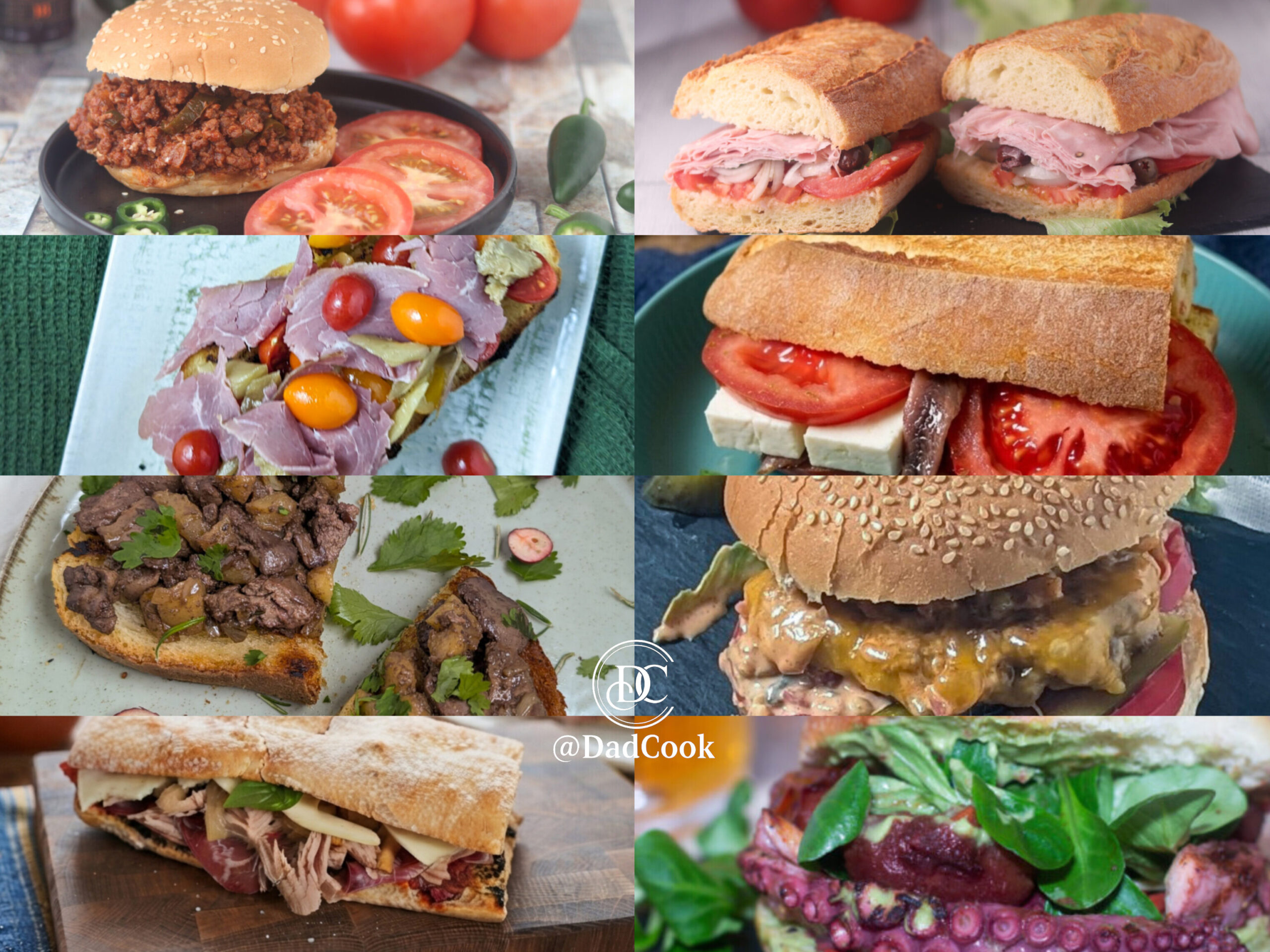 Griglia orizzontale a otto riquadri con panini gourmet e burger fatti in casa: panini americani con carne macinata, fette di baguette farcite, crostoni rustici tostato con manzo e fegatini, ciabatte ripiene e hamburger con polpo e insalata.