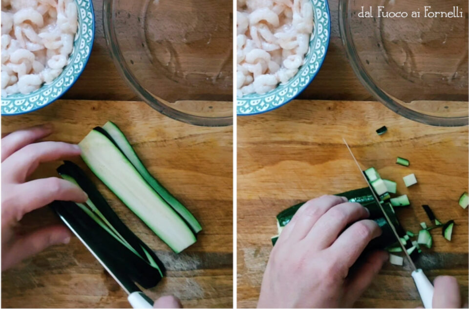 fusilli integrali con zucchine e gamberetti - tagliamo a cubetti le zucchine