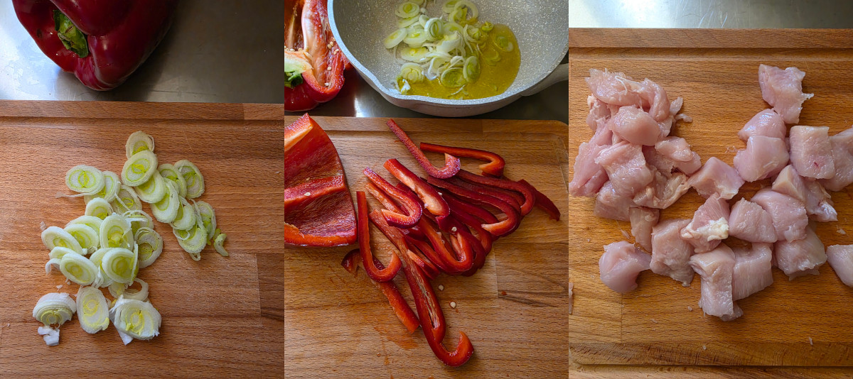Preparazione del pollo ai peperoni con scalogno e mandorle