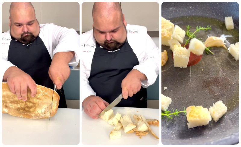 Panzanella ai gamberi: tagliate il pane toscano a pezzetti