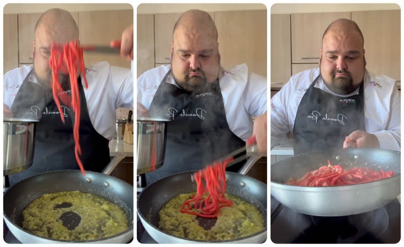 Pici all'aglione invertiti, cuocete i pici, scolateli e saltateli in padella con l'aglione 