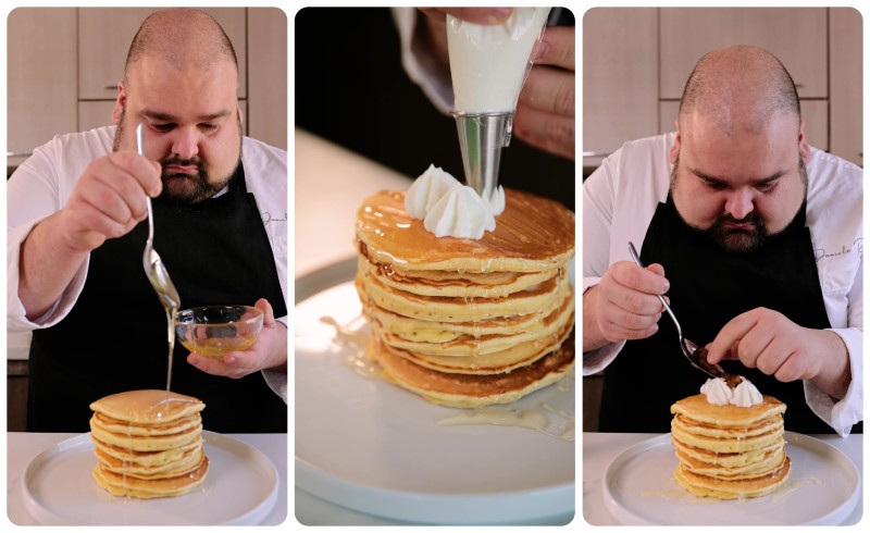 Pancake mela e cannella: servite i pancake con mele caramellate, yogurt e miele 