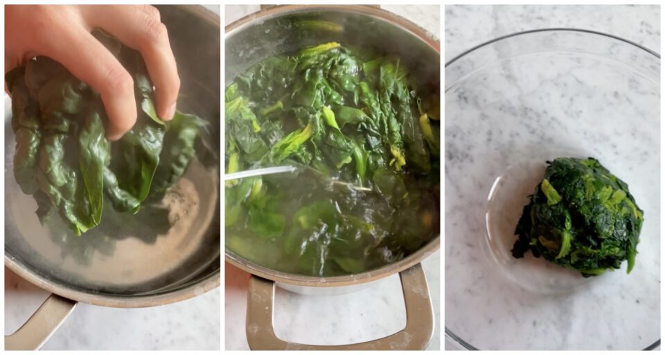 Girasole di pasta sfoglia: sbollentiamo gli spinaci, poi scoliamoli e strizziamoli per bene e mettiamoli in una ciotola. 