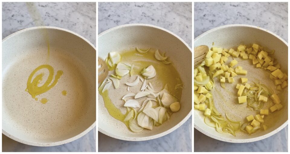Fregola risottata: Versiamo in una padella un filo d'olio extravergine d'oliva, aggiungiamo mezza cipolla bianca, tagliata sottilmente e uno spicchio d'aglio. Facciamo soffriggere per qualche minuto, finché la cipolla non diventa trasparente. Uniamo la patata sbucciata e tagliata a piccoli cubetti e continuiamo la cottura.