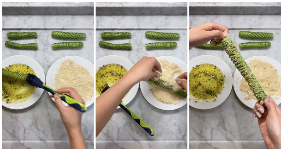 Per fare lo spiedino basterà prendere uno stecchino lungo ed infilzare le zucchine, allargare leggermente la spirale per poi spennellarla con l'olio aromatizzato e quindi cospargerlo con il pangrattato.