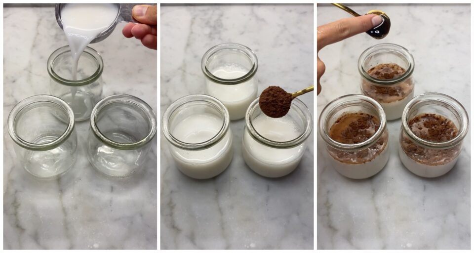Versiamo il latte di mandorla, o qualunque latte vegetale deciderete di utilizzare, in un barattolo, aggiungiamo un cucchiaino di cacao e uno di vaniglia