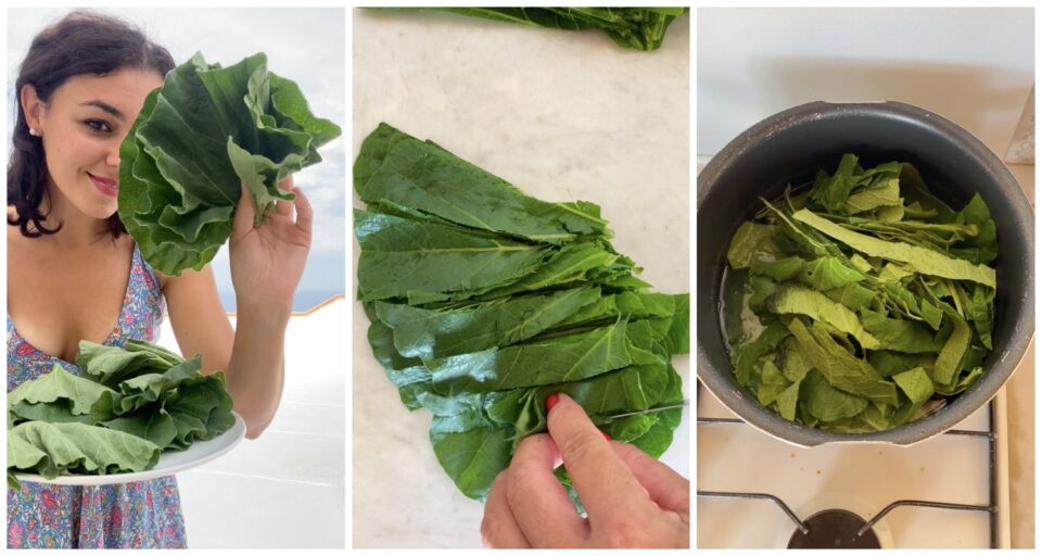 Pasta con i tenerumi: laviamo per bene le foglie di tenerumi, le tagliamo a strisce e le facciamo cuocere per 10 minuti in acqua bollente salata, mescolando di tanto in tanto.