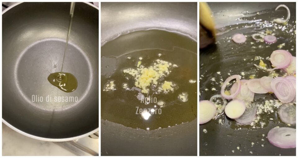 Versiamo in una padella l'olio di sesamo, aggiungiamo l'aglio e lo zenzero tritati. Facciamo soffriggere e poi uniamo anche lo scalogno.