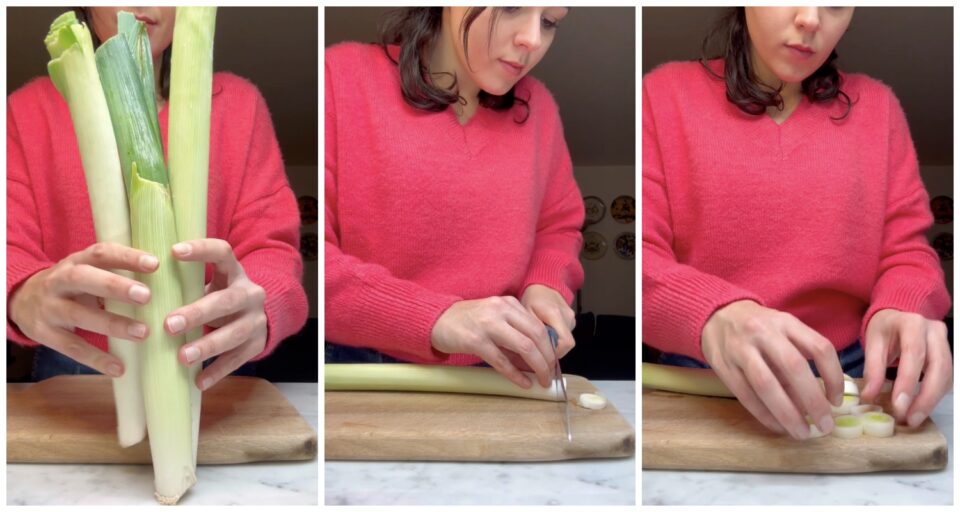 Tarte tatin ai porri: dei porri eliminiamo la prima foglia e l'estremità dove ci sono le radici. Tagliamo a rondelle, più o meno dello stesso spessore.