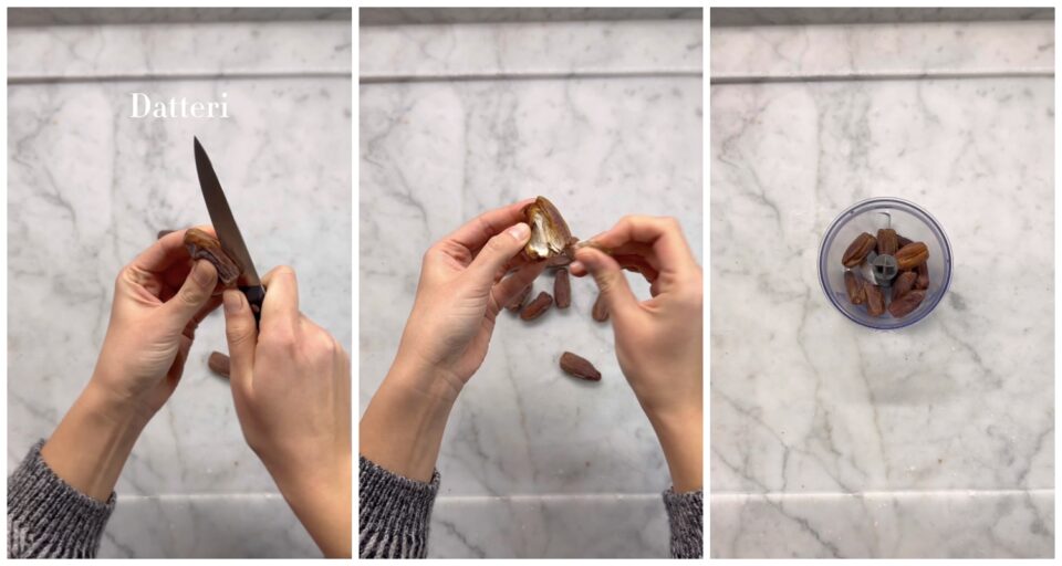 Il vero segreto per la granola perfetta sono i datteri. Tagliamoli a metà, eliminiamo il nocciolo interno e mettiamoli in un frullatore.