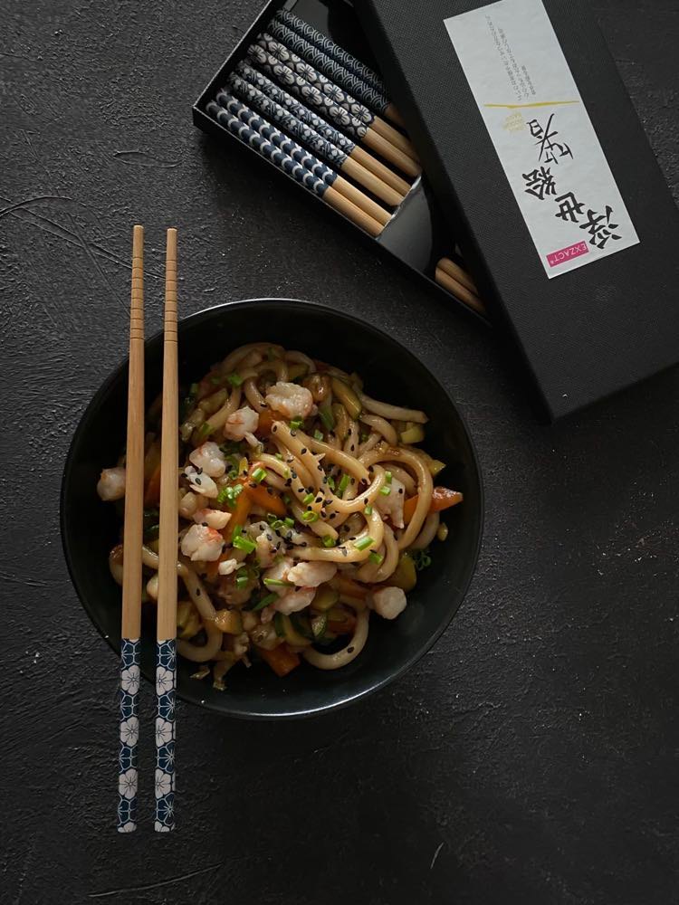 Udon con gamberi
