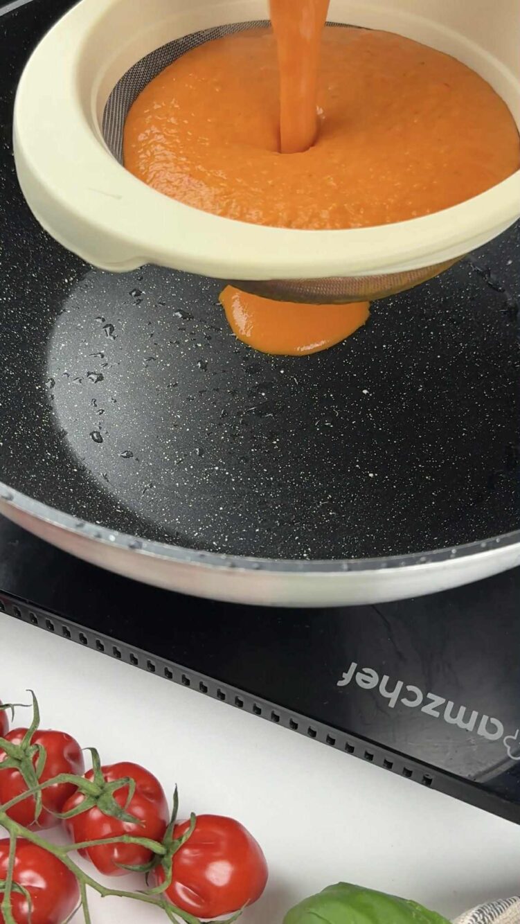 Pasta al sugo di pomodori freschi e stracciatella
versa il sugo in un colino