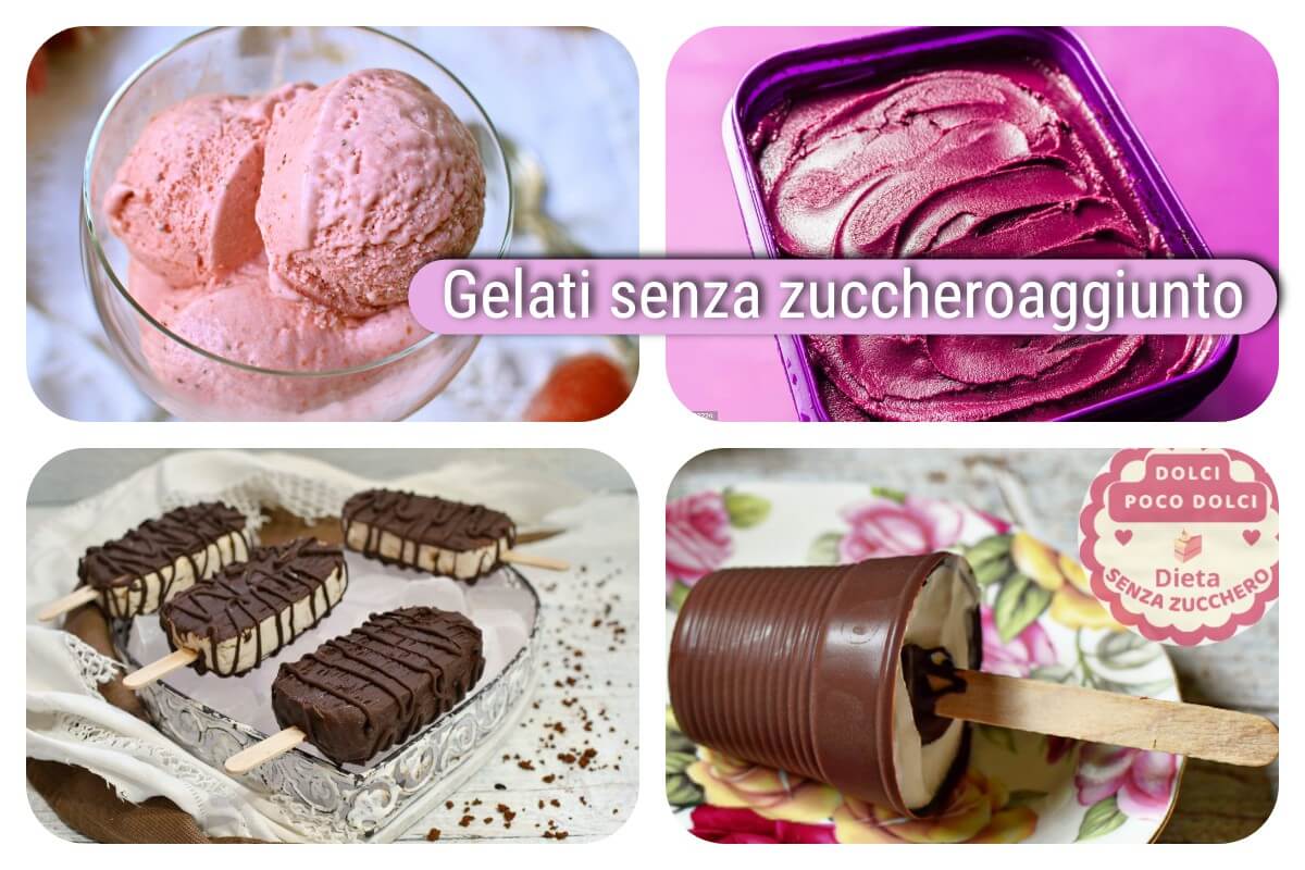 Gelati senza zucchero in collage: fragola, mora, cremini ricoperti e stecco alla panna e cioccolato