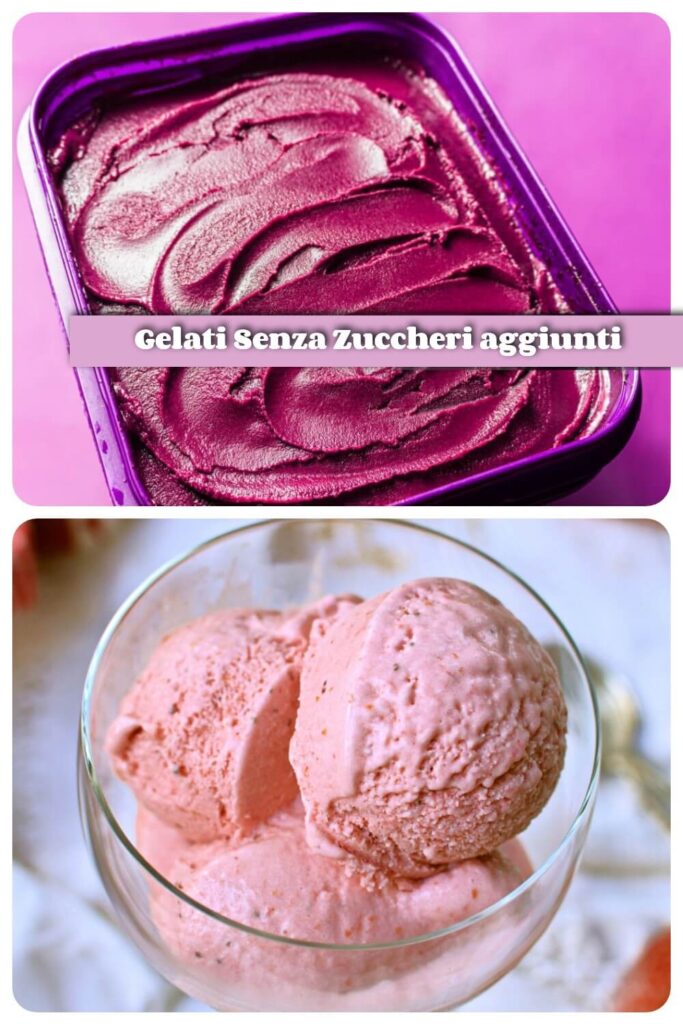 Gelati senza zucchero in vaschetta mora e palline alla fragola in coppa, foto verticale di copertina