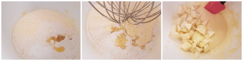 Montare uova e zucchero, unire farina e burro e mele - Ricetta Torta di mele della nonna