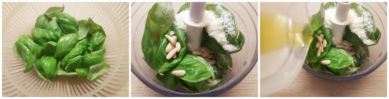 Inserire le foglie di basilico e il resto degli ingredienti - Ricetta pesto alla genovese