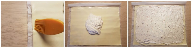 Girelle di pasta sfoglia dolci con ricotta: la crema di ricotta: stesura sulla pasta sfoglia
