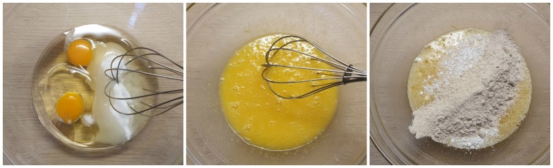 Lavorazione di uova e zucchero per la base della crostata integrale