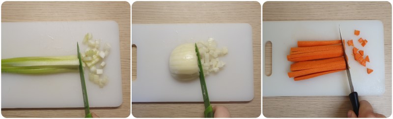 Tagliare le verdure pere il soffritto - Ricetta pasta patate e provola