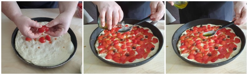 Aggiunta di pomodorini, olive e olio - Focaccia barese ricetta originale