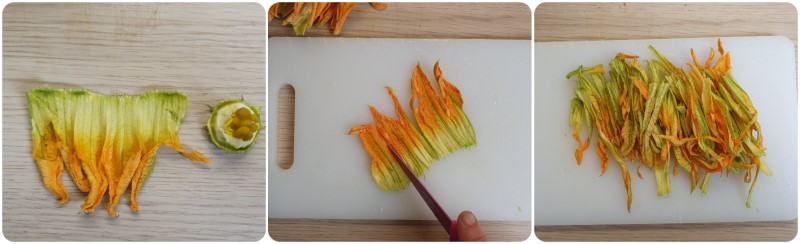 Pulire e tagliare i fiori di zucca - Ricetta pasta con fiori di zucca