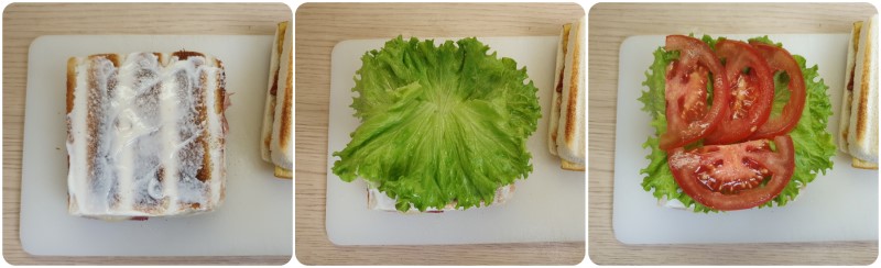 Aggiungere lattuga e pomodori - Club Sandwich ricetta originale