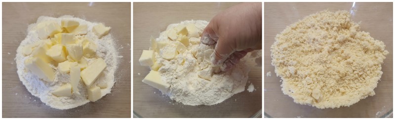 Lavorare farina, burro e zucchero - Ricetta biscotti occhio di bue