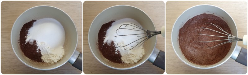 Amalgamare farina, zucchero e cacao per la glassa