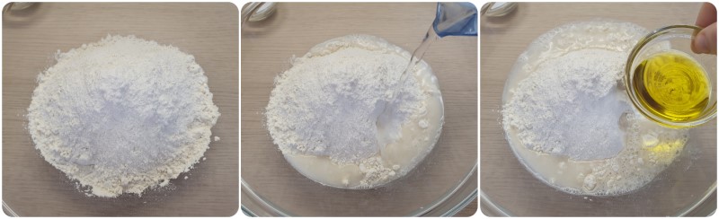 Unire farina, acqua e olio - Ricetta pizza senza lievito