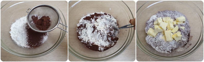 Amalgamare farina, cacao e burro - Ricetta Crostata al cioccolato con Nutella