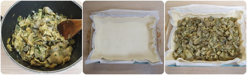 Ricoprire la pasta sfoglia con carciofi - Ricetta torta salata con carciofi