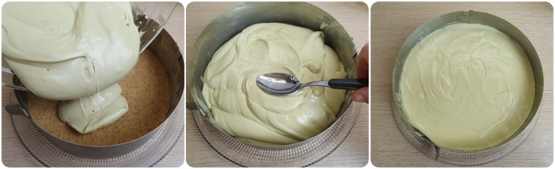 Versare la crema nella tortiera - Ricetta Cheesecake con crema al pistacchio