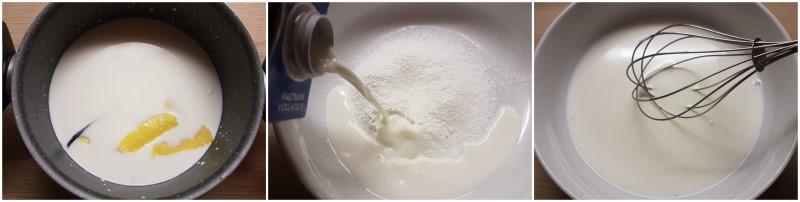 Scaldare il latte con zucchero e aromi - Ricetta Biancomangiare