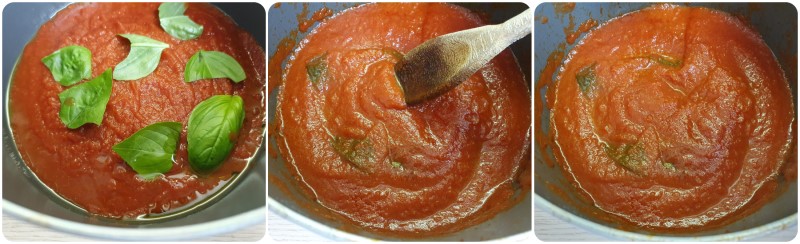 Unire il basilico e far cuocere lentamente - Gnocchi al pomodoro ricetta