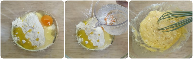 Amalgamare farina, uovo, olio e acqua - Fiori di zucca in pastella ricetta