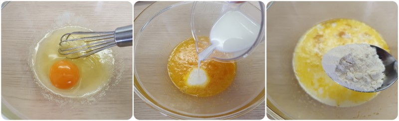 Aggiungere uovo, latte e farina - Torta di mele al microonde ricetta