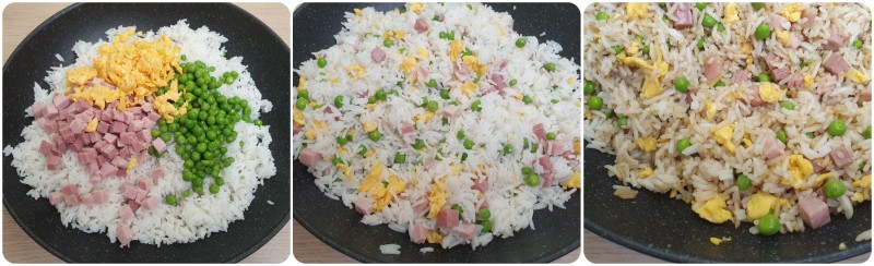 Saltare il riso nel wok insieme a uova, piselli e prosciutto - Riso cantonese semplice