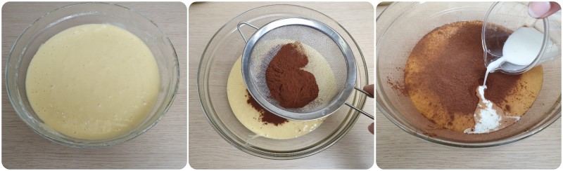 Dividere gli impasti e aggiungere il cacao - Torta bianca e nera