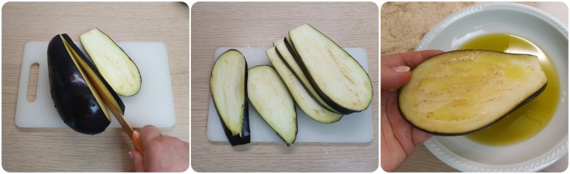 Tagliare le melanzane e passare nell'olio - Ricetta involtini di melanzane