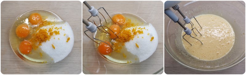 Frullare uova zucchero e scorza di arancia - Ricetta ciambella bicolore