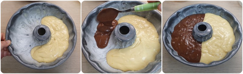 Distribuire i due impasti nello stampo - ciambella abbraccio