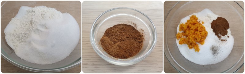 Unire farina, zucchero e specie - roccoco napoletani