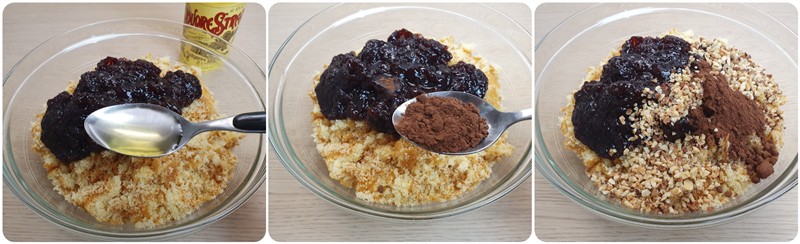 Aggiungere la marmellata di amarena, cacao, nocciole e strega