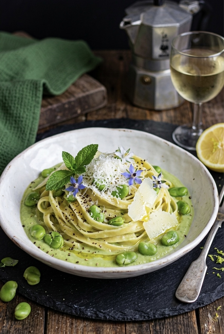 TAGLIATELLE FRESCHE CON FAVE E CREMA DI PARMIGIANO