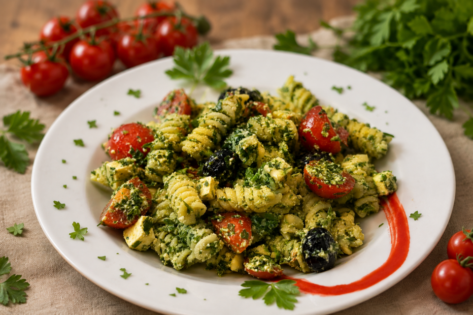 Pasta fredda vegana con tofu e pomodorini