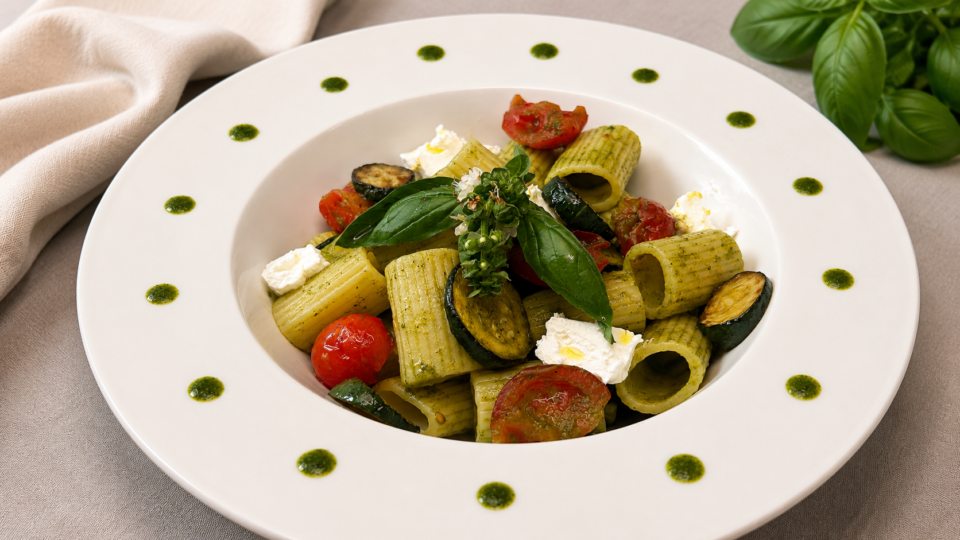 Pasta fredda tricolore con crema di basilico