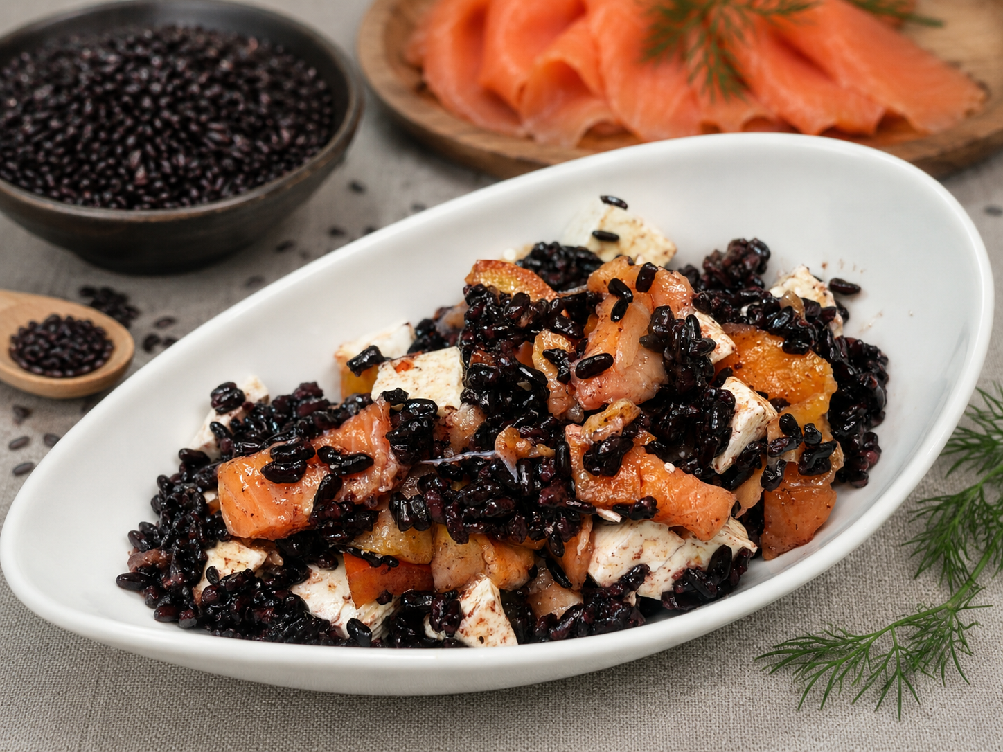 Insalata di riso nero con salmone, pomodorini e primo sale